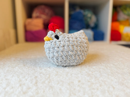 Mable the Chicken handmade crochet chicken plushie in soft grey yarn